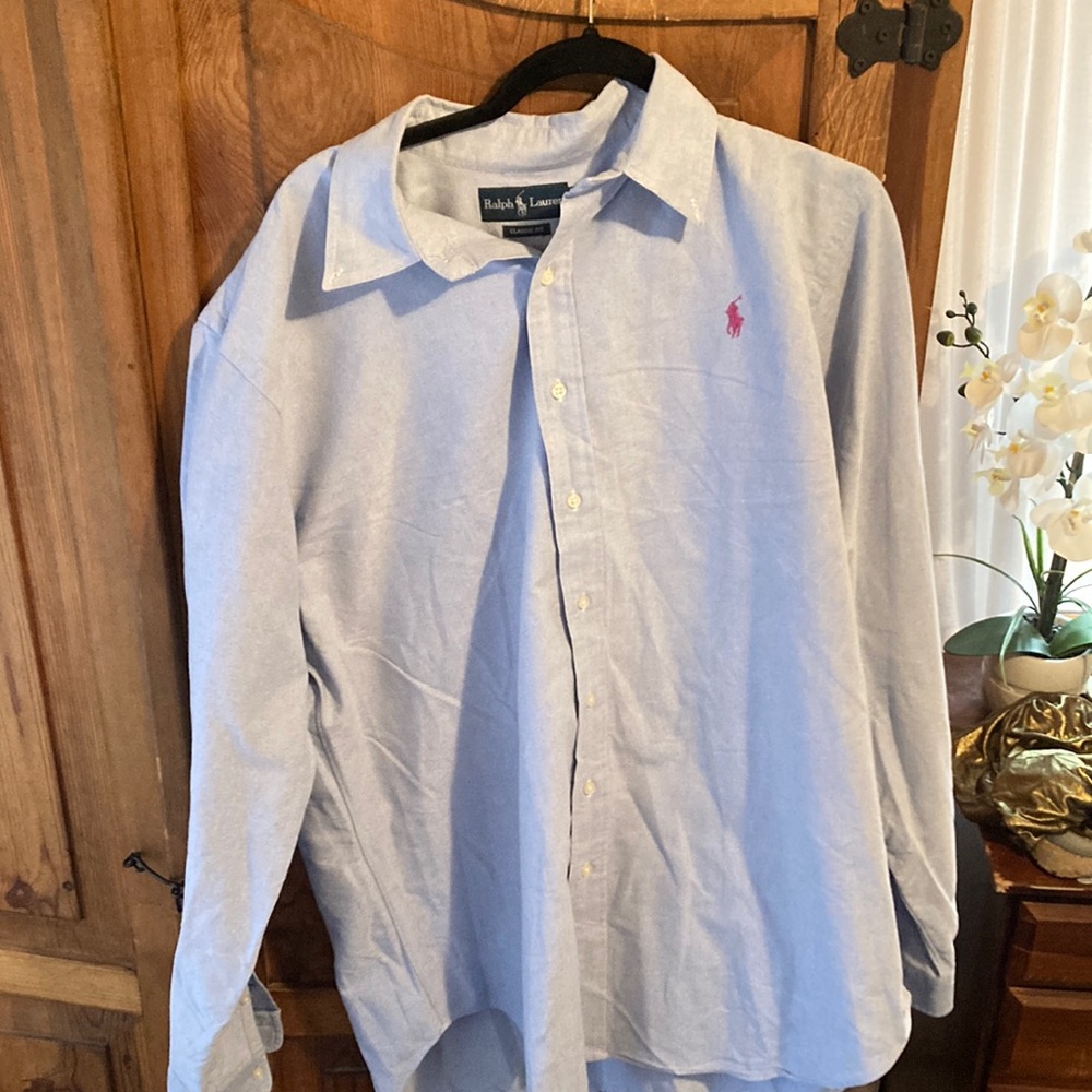 Light blue polo Ralph Lauren dress shirt magenta horse